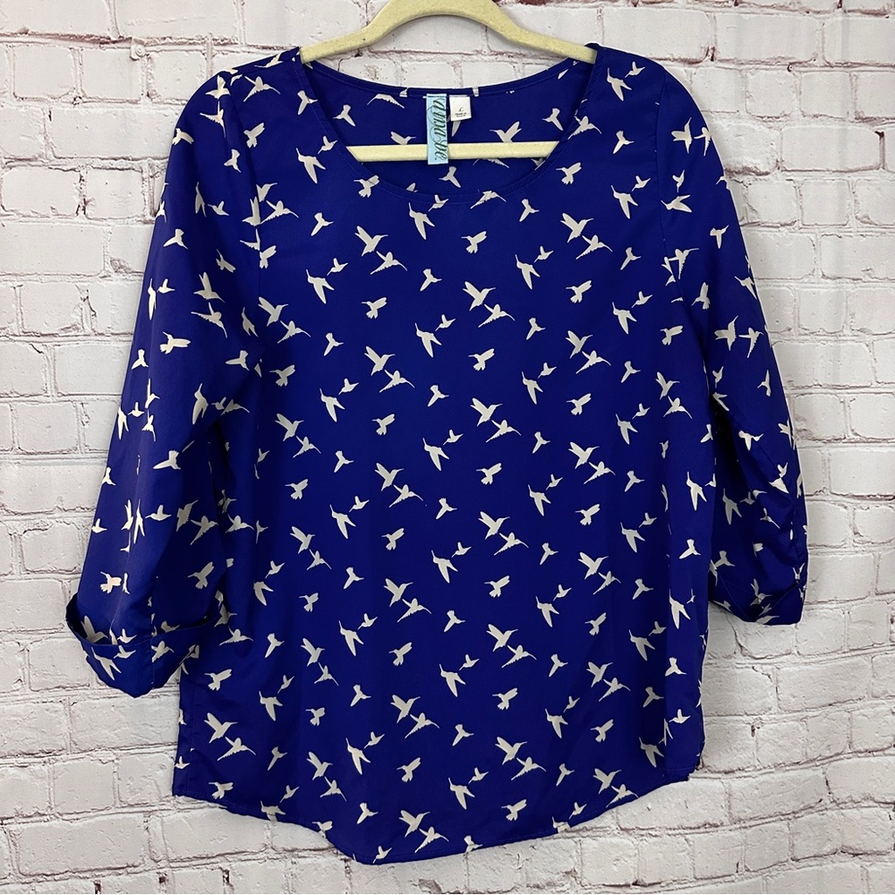 Anna Be Hummingbirds Print Shirt Size L in blue